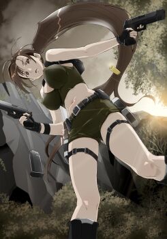 1girl animification backpack bag belt breasts brown_eyes brown_hair cleavage covered_erect_nipples dual_wielding female_focus fingerless_gloves from_below gloves gun handgun highres holding kimura_shigetaka lara_croft large_breasts long_hair magazine_(weapon) midriff navel pistol ponytail randoseru shell_casing shorts solo thigh_strap tomb_raider very_long_hair weapon
