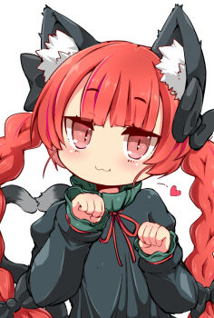 1girl :3 animal_ear_fluff animal_ears black_dress blunt_bangs blush braid cat_ears cat_girl cat_tail closed_mouth commentary_request dress fang heart heart_tail kaenbyou_rin long_sleeves looking_at_viewer multiple_tails muuba paw_pose red_eyes red_hair side_braids simple_background slit_pupils solo tail touhou twin_braids two_tails upper_body white_background