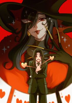 2girls ado_(utaite) black_hair black_jacket black_pants cass_giocata colored_skin commentary earrings fangs heart heart-shaped_pupils highres jacket jewelry keeko_(kk_0012) long_hair long_sleeves looking_at_viewer magic_(ado) multiple_girls pants red_eyes slit_pupils symbol-shaped_pupils very_long_fingernails