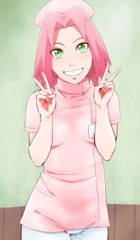 1girl breasts closed_mouth female_focus green_eyes haruno_sakura hat highres medium_breasts naruto_(classic) naruto_(series) naruto_shippuuden nurse panties pink_hair sahara_wataru short_hair smile source_request underwear