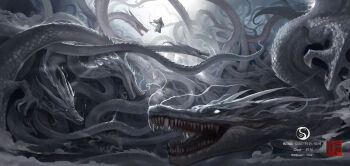 Rule 34 | 1boy, absurdres, artist logo, artist name, claws, commentary request, dragon, eastern dragon, floating, glowing, glowing eyes, gu yue fang yuan, highres, logo, long hair, missing commentary, monster, open mouth, osot-, reverend insanity, robe, sharp teeth, solo, teeth, white eyes, white robe, wide shot