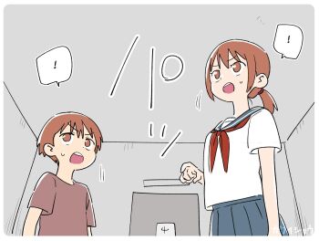 Rule 34 | !, 1boy, 1girl, age difference, blue skirt, brother and sister, commentary request, ganaishoten, highres, neckerchief, older female and younger male, open mouth, original, red eyes, red hair, red neckerchief, school uniform, serafuku, short hair, short sleeves, siblings, skirt, speech bubble, spoken exclamation mark, teenage girl and younger boy