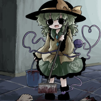 1girl black_hat black_shoes blood broom bucket commentary_request contrast_collar green_hair green_skirt hair_between_eyes hat hat_ribbon heripantomorrow holding holding_broom holding_bucket komeiji_koishi long_sleeves ribbon shirt shoes skirt solo_focus standing third_eye touhou wide_sleeves yellow_ribbon yellow_shirt