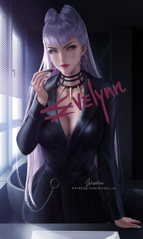 1girl applying_lipstick applying_makeup arm_support artist_name bathroom bathtub belt high-waist_belt black_belt black_choker black_eyeshadow black_suit blue_eyeshadow bra bra_peek breasts character_name choker cleavage closed_mouth collarbone cone_hair_bun cosmetics curvy demon_girl double_bun duplicate earrings evelynn_(league_of_legends) eyeshadow fingernails formal_clothes gold_earrings hair_bun hair_over_shoulder hand_up holding holding_lipstick_tube hoop_earrings indoors jewelry k/da_(league_of_legends) k/da_all_out_evelynn lapels league_of_legends lipstick lipstick_tube lipstick_writing long_fingernails long_hair long_sleeves looking_at_mirror looking_at_viewer makeup medium_breasts mirror nail_polish no_eyewear notched_lapels official_alternate_costume official_alternate_hairstyle pale_skin patreon_username photoshop_(medium) pink_lips pixel-perfect_duplicate raised_eyebrows realistic sharp_fingernails silver_chain slit_pupils solo spiked_choker spikes standing straight_hair studded_choker suit the_baddest_evelynn underwear upper_body v-bangs wallet_chain watermark white_hair white_nails wickellia window_blinds yellow_eyes