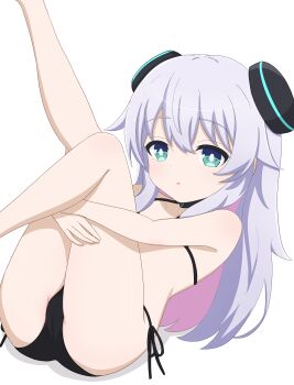 1girl :o alma-chan_wa_kazoku_ni_naritai alma_(alma-chan_wa_kazoku_ni_naritai) aqua_eyes ass bare_arms bare_shoulders bikini black_bikini black_choker blush cameltoe choker collarbone feet_out_of_frame green_eyes grey_hair hair_between_eyes halterneck headgear hugging_own_legs leg_up legs_up loli long_hair looking_at_viewer lying moke_(moke_dayo) multicolored_hair on_back parted_lips pink_hair shadow side-tie_bikini_bottom simple_background solo swimsuit two-tone_hair very_long_hair white_background