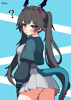 Rule 34 | 1girl, ?, absurdres, arknights, arknights: endfield, ass, black hair, blue background, blush, breasts, chen qianyu (arknights), commentary request, cowboy shot, dragon girl, dragon horns, dragon tail, from behind, hendra, highres, horns, jacket, long hair, looking at viewer, medium breasts, solo, tail, twintails