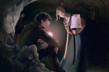 3boys arm_around_leg arm_behind_back baji black_hoodie black_pants black_shirt blonde_hair blue_hanbok brown_hair brown_pants cave cave_interior dark glowing ha_jinsung hair_bun hair_ornament han_sung_yu hanbok highres holding holding_paper hood hoodie jeogori_(clothes) korean_clothes lips long_sleeves looking_at_another multiple_boys orb original pants paper parted_lips realistic rock shancunyinian shirt single_hair_bun sitting teeth tower_of_god twenty-fifth_bam