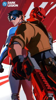 bat_signal batman_(series) batman_symbol black_bodysuit black_gloves bodysuit brothers brown_jacket dc:_dark_legion dc_comics dick_grayson domino_mask escrima_sticks eye_mask full_body gloves grey_bodysuit gun highres holding holding_gun holding_weapon jacket jason_todd male_focus mask multicolored_bodysuit muscular muscular_male nightwing official_art open_clothes pants pectorals red_hood_(dc) red_mask short_hair siblings superhero_costume taut_bodysuit two-tone_bodysuit weapon