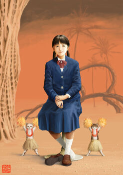 1girl arms_in_front blazer blush brown_hair cat cheerleader dancing female_focus hands_on_lap jacket original pom_pom_(cheerleading) school_uniform shoes single_shoe sitting smile socks solo sunaenoma twintails v_arms white_socks