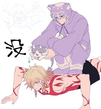 2boys absurdres animal_costume animal_ears antenna_hair arm_tattoo blonde_hair blue_eyes braid chest_tattoo chimera_(honkai:_star_rail) creature earrings exercising facial_tattoo fake_animal_ears gold_earrings gradient_hair highres holding holding_creature honkai:_star_rail honkai_(series) jewelry kbutstrhy leg_tattoo male_focus medium_hair multicolored_hair multiple_boys mydei_(honkai:_star_rail) onesie pajamas parted_bangs phainon_(honkai:_star_rail) phainon_(vigethos)_(honkai:_star_rail) purple_pajamas push-ups red_hair red_tattoo short_hair side_braid simple_background tattoo white_background white_hair yellow_eyes
