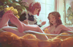 Rule 34 | 2girls, bathing, bigrbear, breasts, brown hair, cake, cake slice, chinese commentary, commentary request, completely nude, consensual tentacles, food, green eyes, highres, indoors, long hair, maid, maid headdress, multiple girls, nipples, nude, open mouth, original, partially submerged, pointy ears, pussy, red eyes, red hair, short hair, slime (creature), small breasts, tentacle sex, tentacles, uncensored, vaginal