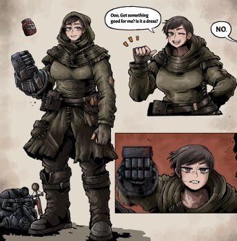 1girl absurdres armor belt biting_own_lip blood bloody_weapon boots brown_boots brown_eyes brown_hair drugs english_text fallout fallout:_new_vegas fingerless_gloves gloves helmet highres motion_lines octosoup one_eye_closed patchwork_clothes pointing pointing_at_self pouch power_armor power_fist punching robe short_hair smile solo speed_lines stimpak_(fallout) veronica_santangelo weapon