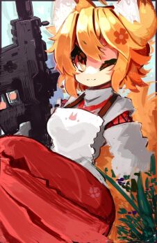 ;3 animal_ears fox_ears gun looking_at_viewer one_eye_closed senko_(sewayaki_kitsune_no_senko-san) sewayaki_kitsune_no_senko-san weapon yellow_eyes