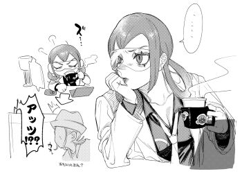 ... 1boy 1girl coffee_mug computer cup fedora gen_4_pokemon goggles greyscale hair_rings hat head_rest highres lab_coat laptop mable_(pokemon) monochrome mug necktie nintendo paxton_(pokemon) pokemon pokemon_legends:_z-a rotom rotom_phone splb8ptqio89327 spoken_ellipsis weavile