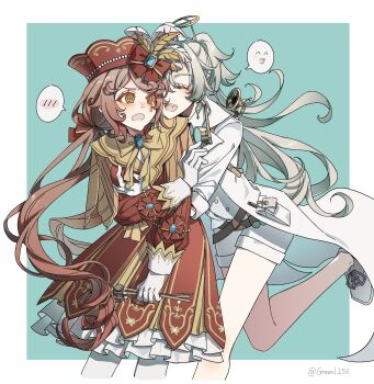 2girls @_@ belt blonde_hair blue_gemstone blush bow bowtie brown_belt brown_hair closed_eyes coat cowboy_shot cropped_legs curly_ends curly_hair dress edgar_valden edgar_valden_(narcissus) eyewear_around_neck fang frilled_dress frills furrowed_brow gem genderswap genderswap_(mtf) gloves goggles grabbing_another&#039;s_breast greenn groping hair_bow half_updo highres identity_v lab_coat leg_up long_hair looking_at_another luca_balsa luca_balsa_(paranormal_detective) multiple_belts multiple_girls open_mouth petticoat ponytail puffy_sleeves red_bow running shorts sleeves_rolled_up striped_blush teardrop_facial_mark very_long_hair wavy_hair white_coat white_gloves white_shorts yellow_bow yellow_bowtie yellow_eyes yuri