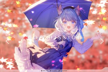 1girl animal_ears artist_name autumn_leaves beret black_hat blue_dress blue_eyes blue_hair blue_umbrella braid cat_ears cat_girl cat_tail chigusa_maru_(vtuber) commentary_request commission dress frilled_dress frills glowing_leaves hat holding holding_umbrella indie_virtual_youtuber instagram_logo instagram_username leaf long_sleeves looking_at_viewer low_twin_braids maple_leaf medium_hair mesme open_mouth shirt smile solo tail teeth twin_braids twitter_logo twitter_username umbrella upper_teeth_only virtual_youtuber watermark white_shirt