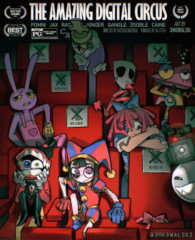 Rule 34 | 3hkowalski, 4boys, 4girls, animal ears, arm behind head, arm rest, asymmetrical eyes, asymmetrical gloves, black bow, black bowtie, black eyes, black hair, black pants, blue eyes, blue gloves, blue hat, bow, bowtie, bubble, bubble (the amazing digital circus), caine (the amazing digital circus), camera, chair, chess piece, crossed arms, crying, english text, feet on chair, frown, gangle (the amazing digital circus), gloves, green eyes, hand on own face, hat, heterochromia, highres, jax (the amazing digital circus), jester cap, jester costume, king (chess), kinger (the amazing digital circus), lapels, leaning forward, leaning to the side, movie poster (medium), movie theater, multicolored eyes, multiple boys, multiple girls, pants, pink bow, pink bowtie, pink ribbon, pomni (the amazing digital circus), poster (medium), purple suspenders, rabbit boy, rabbit ears, ragatha (the amazing digital circus), red eyes, red gloves, red hair, red hat, red ribbon, red tailcoat, ribbon, sharp teeth, sitting, smile, suspenders, tailcoat, teardrop, teeth, the amazing digital circus, title, top hat, two-tone eyes, two-tone hat, x mark, yellow eyes, yellow gloves, zooble (the amazing digital circus)