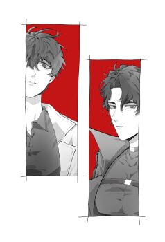 2boys black_coat black_eyes black_hair black_shirt coat collared_shirt grin hair_between_eyes highres kim_dokja looking_at_viewer multiple_boys naasmcuti2217 omniscient_reader&#039;s_viewpoint open_clothes open_coat popped_collar shirt short_hair smile split_screen upper_body white_coat yoo_joonghyuk