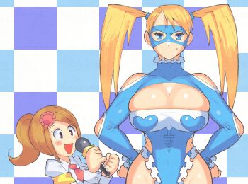 2girls blonde_hair blue_eyes breasts brown_eyes brown_hair cleavage cleavage_cutout clothing_cutout crossover eye_mask hair_ornament highleg highleg_leotard highres inkerton-kun interview large_breasts leotard mask multiple_girls ponytail rainbow_mika reporter_(rhythm_tengoku) rhythm_tengoku size_difference street_fighter thong_leotard twintails wide_hips wrestling_outfit