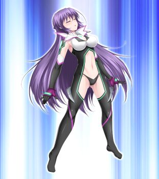 1girl amanogi_akira blush bodysuit breasts cleavage closed_eyes elbow_gloves game_cg gloves henshin kyokkou_senki_mistletear large_breasts long_hair magical_girl midorigi_mura mistletear navel non-web_source official_art panties purple_hair solo thighhighs underwear variant_set very_long_hair