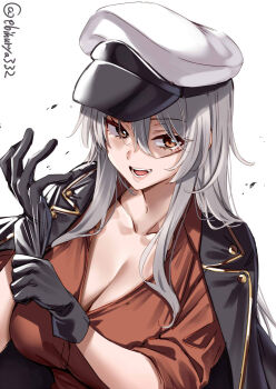 1girl adjusting_clothes adjusting_gloves artist_name black_gloves blush breasts cleavage collarbone collared_shirt commentary_request ebifurya gangut_(kancolle) gloves grey_hair hair_between_eyes hat highres jacket jacket_on_shoulders kantai_collection large_breasts long_hair looking_at_viewer one-hour_drawing_challenge open_mouth peaked_cap red_shirt scar scar_on_face shirt sidelocks simple_background sleeves_rolled_up smile solo twitter_username upper_body white_background white_hat