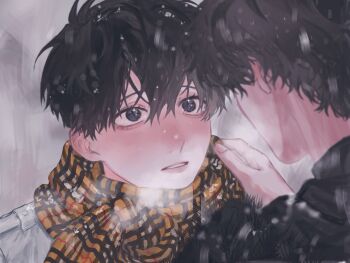 2boys aegyo_sal black_eyes black_hair breath coat fur_jacket highres jacket kim_dokja looking_at_another male_focus multiple_boys omniscient_reader&#039;s_viewpoint parted_lips plaid_clothes plaid_scarf scarf short_hair snow snowing sparkling_eyes upper_body v_kyyi white_coat yoo_joonghyuk