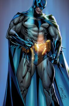 1boy artist_collaboration batman batman_(series) blue_cape blue_gloves blue_male_underwear bodysuit cape commentary covered_abs dc_comics english_commentary gloves grey_bodysuit highres j._scott_campbell male_underwear muscular muscular_male signature solo superhero_costume tanya_lehoux underwear