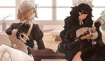 Rule 34 | 2girls, absurdres, amor, angry, apron, armored corset, backlighting, black eyes, black gloves, black hair, blonde hair, blue eyes, borrowed character, bowl, centurii-chan, character request, crossed legs, donut, eclair (food), erica (throtem), executioner maid (centurii-chan), food, gauntlets, gloves, highres, holding, holding pastry bag, indoors, jitome, maid headdress, messy hair, multiple girls, original, parted lips, pastry bag, plant, potted plant, puffy sleeves, sexually suggestive, table, thighhighs, white thighhighs, window, zettai ryouiki