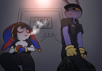 ... 1boy 1girl animal_ears asymmetrical_gloves black_bag black_pants black_shirt blue_eyes blue_gloves blue_hat blush breasts breasts_apart brown_hair cigarette collarbone colored_skin colored_teeth commentary door english_commentary english_text from_below gloves gradient_background grey_background hat high_collar highres holding jax_(the_amazing_digital_circus) jester_cap looking_at_another looking_to_the_side medium_hair multicolored_eyes name_tag overhead_lights pants partially_open_shirt partially_unbuttoned pomni_(the_amazing_digital_circus) rabbit_boy rabbit_ears red_eyes red_gloves red_hat shirt short_sleeves sign small_breasts smoke smoking speech_bubble sweat the_amazing_digital_circus trash_bag turning_head two-tone_eyes two-tone_hat white_skin yellow_gloves yellow_skin yellow_teeth yess_katfly