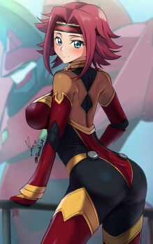1girl absurdres ass blue_eyes blush bodysuit breasts character_request check_character closed_mouth code_geass commentary flipped_hair guren_(code_geass) guren_mk-ii hair_intakes hand_on_railing headband highres knightmare_frame kouzuki_kallen large_breasts looking_at_viewer mecha multicolored_bodysuit pilot_suit red_hair red_headband robot science_fiction short_hair signature skin_tight smile turning_head twitter_username yoo_tenchi
