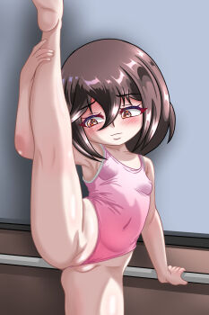 1girl arm_support barefoot blush breasts brown_eyes brown_hair chapio collarbone covered_erect_nipples embarrassed exhibitionism gymnastics highres holding_own_leg leg_up leotard loli looking_down original pink_leotard public_indecency pussy rui_(chapio) short_hair small_breasts split standing standing_on_one_leg standing_split wedgie