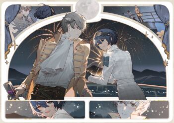 Rule 34 | 2boys, aerial fireworks, against railing, ascot, belt, belt buckle, black belt, black gloves, black pants, blue eyes, blue hair, blush, buckle, closed mouth, coat, collared coat, commentary, eye contact, fireworks, full moon, gloves, grey hair, hair between eyes, heterochromia, horns, lapels, lirica, long sleeves, looking at another, male focus, metaphor: refantazio, moon, mountain, multiple boys, open clothes, open coat, open mouth, pants, patterned clothing, popped collar, protagonist (metaphor: refantazio), railing, shirt, shirt tucked in, smile, strohl (metaphor: refantazio), tongue, white ascot, white coat, white shirt, yaoi, yellow coat, yellow eyes