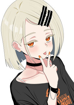 1girl absurdres arothir_illust1 black_choker black_shirt blonde_hair blunt_ends blush bra bra_strap bracelet choker collarbone commentary_request dutch_angle ear_piercing earclip earrings fingernails gakuen_idolmaster highres idolmaster jewelry looking_at_viewer nail_polish orange_eyes orange_nails piercing shinosawa_hiro shirt short_hair solo stud_earrings swept_bangs tongue tongue_out tongue_piercing underwear upper_body v v_over_mouth white_bra