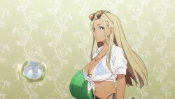 2girls animated ass ass_focus bikini blonde_hair blue_bikini breasts centi_(nikke) centi_(ocean_repair)_(nikke) cleavage crop_top cropped_shirt elegg_(boom_and_shock)_(nikke) elegg_(nikke) front-tie_top goddess_of_victory:_nikke hair_intakes highres jewelry large_breasts long_hair multiple_girls navel necklace official_art plump see-through_clothes see-through_shirt shirt slingshot_swimsuit sound stomach string_bikini sunglasses sunglasses_on_head swimsuit tagme tan tanline thighs thong thong_bikini toolbox underboob video walking wet wet_clothes wet_shirt white_shirt wide_hips yellow_slingshot_swimsuit