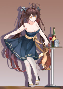 1girl \m/ absurdres alternate_costume antenna_hair bare_arms bare_shoulders black_ribbon blue_dress bottle breasts brown_hair cleavage closed_mouth clothes_lift commentary cup dress dress_lift drinking_glass full_body girls'_frontline hair_ribbon highres large_breasts long_hair looking_at_viewer m14_(girls'_frontline) nokialia_(sinoteenme) pantyhose ribbon sandals sash shadow smile solo standing standing_on_one_leg strapless strapless_dress table toes twintails very_long_hair waist_sash white_pantyhose wine_bottle wine_glass yellow_eyes yellow_sash