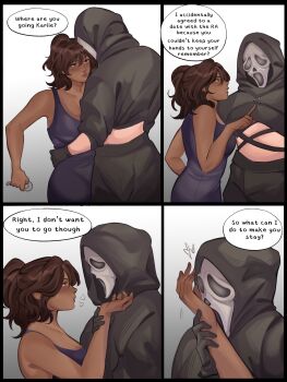 2girls blush brown_eyes brown_hair comic dark-skinned_female dark_skin english_text genderswap genderswap_(mtf) ghostface highres interracial lesbeanlatte mask multiple_girls pout scream_(movie) speech_bubble yuri