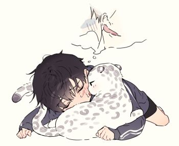 2boys animalization black_shorts blush closed_eyes ear_licking full_body hair_between_eyes hood hoodie ilay_riegrow jeong_taeui jinsimpunch licking licking_another's_cheek licking_another's_face long_sleeves lying male_focus multiple_boys on_floor passion_(manhwa) short_hair shorts snow_leopard speech_bubble thought_bubble tongue tongue_out yaoi