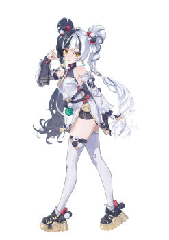 1girl absurdres ahoge aqua_nails ass bare_shoulders black_hair black_shoes braid braided_twintails breasts china_dress chinese_clothes commentary_request detached_sleeves dialyn_(zenless_zone_zero) dress earrings from_side full_body hair_extensions hair_ornament hairclip highres jewelry kabuto_tong long_hair looking_at_viewer multicolored_hair multicolored_nails necktie open_mouth panda_hair_ornament red_eyes ring_hair_extensions shoes simple_background small_breasts solo sparkling_eyes split-color_hair thighhighs white_background white_dress white_hair white_thighhighs yellow_eyes yellow_necktie zenless_zone_zero