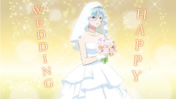 1girl bare_shoulders blue_eyes blue_hair blush bouquet breasts dress flower gloves henkei_shoujo holding holding_bouquet long_dress looking_at_viewer nana_(henkei_shoujo) official_art smile solo wedding_dress white_dress white_gloves