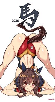 1girl 2026 absurdres aiuti alternate_costume animal_ears artist_name ass back_cutout bare_arms barefoot biceps blush braid braided_hair_rings brown_hair brown_tail clothing_cutout commentary_request competition_swimsuit ear_ornament gentildonna_(umamusume) hair_rings heart_ear_ornament highleg highleg_one-piece_swimsuit highres horse_ears horse_girl horse_tail jack-o'_challenge legs_apart long_hair looking_at_viewer multicolored_swimsuit one-piece_swimsuit red_eyes red_one-piece_swimsuit sidelocks simple_background smile solo swimsuit tail thighs toes top-down_bottom-up translation_request umamusume variant_set white_background