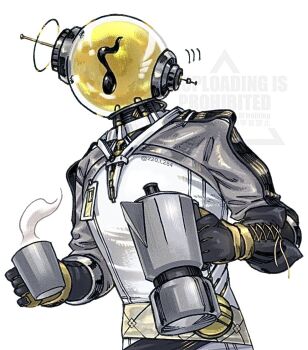 Rule 34 | 1boy, black gloves, coffee mug, cup, eighth note, ferrofluid, fishbowl helmet, gloves, holding coffee pot, i (220 i 284), id card, jumpsuit, male focus, mug, musical note, object head, reverse:1999, solo, steam, ulrich (reverse:1999), upper body, watermark, white background, white jumpsuit