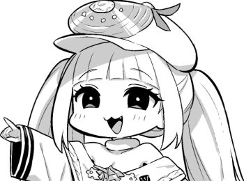 Rule 34 | 1girl, :3, azur lane, azur lane: slow ahead, bare shoulders, blunt bangs, chibi, chibi only, dmitri donskoi (azur lane), fang, greyscale, hat, hori (hori no su), monochrome, open mouth, parka, peaked cap, simple background, solo, twintails, upper body, white background, wide sleeves