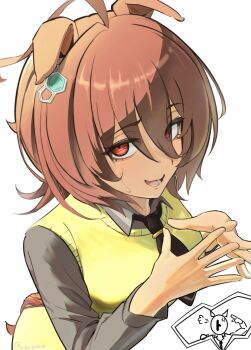 Rule 34 | 1boy, 1girl, agnes tachyon (tach-nology) (umamusume), agnes tachyon (umamusume), ahoge, animal ears, black necktie, chemical structure, collared shirt, commentary, ear ornament, earrings, ears down, eyes visible through hair, furrowed brow, grey shirt, hair between eyes, highres, horse ears, horse girl, jewelry, looking at viewer, necktie, o ko ge2024, parted lips, red eyes, revision, shirt, short-sleeved sweater, short necktie, short sleeves, simple background, single earring, steepled fingers, sweatdrop, sweater, t-head trainer (umamusume), trainer (umamusume), translated, umamusume, white background, worried, yellow sweater