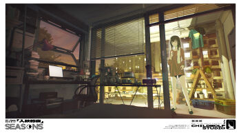 1girl 3d absurdres autumn bare_legs black_eyes black_hair bonsai book box brown_eyes brown_shirt building chair childwolf city city_lights cityscape commentary_request computer desk desk_lamp dust english_text flower_pot full_body highres indoors ladder lamp laptop living_room medium_hair original plant scenery shadow shirt shorts slippers solo standing sunset table tenno_sho towel unworn_shirt window