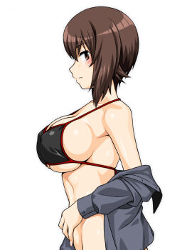 1girl bare_shoulders bikini black_bikini bottomless breasts brown_eyes brown_hair cleavage closed_mouth commentary_request covered_erect_nipples from_side girls_und_panzer grey_shirt highres kuromorimine_school_uniform large_breasts long_sleeves looking_at_viewer looking_to_the_side nishizumi_maho official_alternate_costume oosaka_kanagawa open_clothes open_shirt profile school_uniform shirt short_hair sideboob sideways_glance simple_background solo swimsuit upper_body white_background