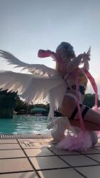 1girl angel angel_girl angewomon angewomon_(cosplay) animated armor audible_music breastplate breasts cosplay day digimon digimon_(creature) digimon_adventure full_body head_wings highres leotard long_hair luna_kamijo mask multiple_views outdoors photo_(medium) poolside real_life shiny_skin smile sound tagme turnaround video walking white_leotard wings