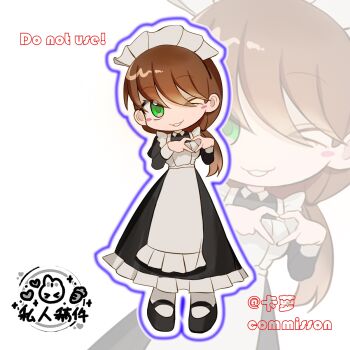 Rule 34 | 1girl, alternate costume, animification, apron, black dress, black shoes, blush, brown hair, chinese commentary, commentary request, deformed, dress, eddsworld, ell (eddsworld), enmaided, green eyes, heart, heart hands, highres, long dress, long hair, looking at viewer, low ponytail, maid, maid apron, maid headdress, mu997239, one eye closed, pantyhose, ponytail, shoes, smile, solo, standing, white apron, white pantyhose, zoom layer