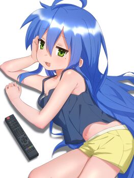 1girl :3 ahoge arm_support blue_camisole blue_hair blue_shirt camisole controller cowboy_shot dot_nose from_above green_eyes gsa082rnw highres izumi_konata long_hair looking_at_viewer loose_clothes loose_shirt lucky_star lying midriff_peek mole mole_under_eye navel no_bra on_side open_mouth remote_control shadow shirt short_shorts shorts sleeveless sleeveless_shirt solo stomach thighs white_background yellow_shorts