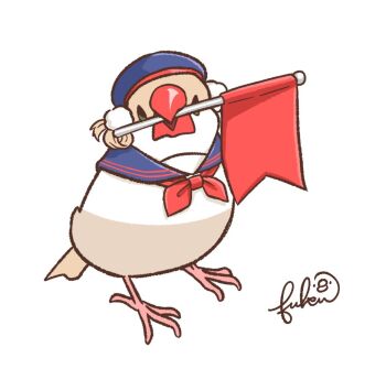 animal_focus animalization beret bird blue_hat blue_sailor_collar commentary_request flag fukufukudo hair_ornament hair_rings hat holding holding_flag indie_virtual_youtuber java_sparrow mouth_hold neckerchief no_humans pom_pom_(clothes) pom_pom_hair_ornament red_flag red_neckerchief sailor_collar shigure_ui_(vtuber) signature simple_background virtual_youtuber white_background