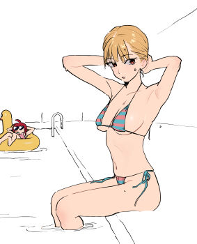 2girls absurdres adjusting_hair bikini blonde_hair breasts highres hipa_(some1else45) medium_breasts multiple_girls pool red_hair sekoshi_(some1else45) some1else45 swimsuit tagme water wet